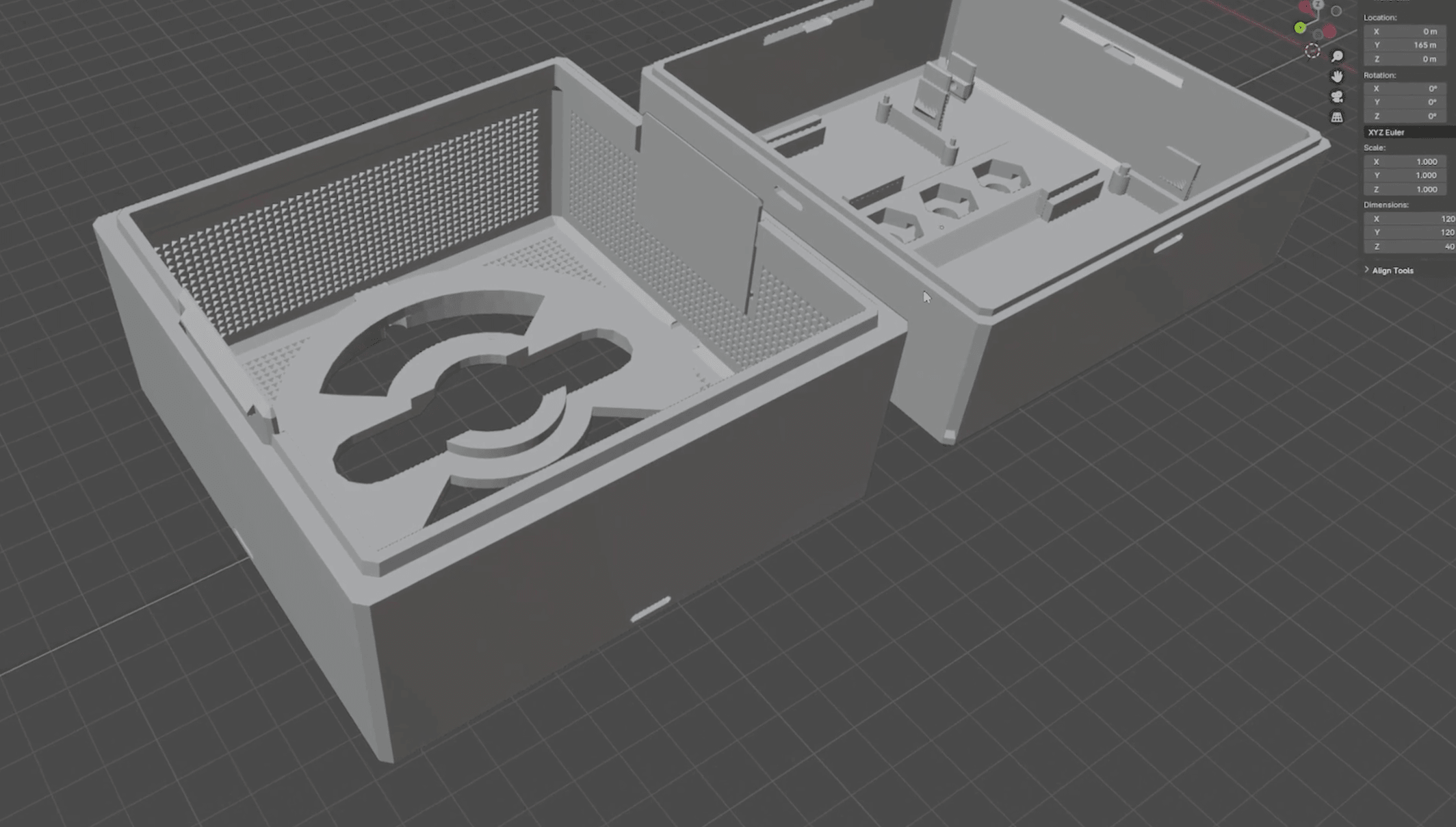 3D CAD rendering of the custom-built Spotlight Button housing, showing internal structure and ventilation design.