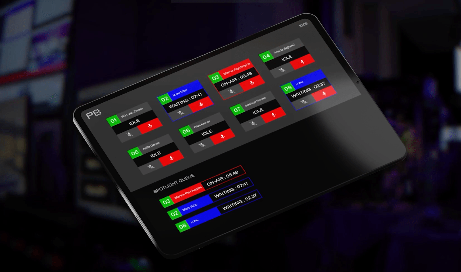 Tablet interface of the PlayfulBits Tally App, displaying real-time speaker queue, on-air timers, and microphone controls during WLNC 2024.